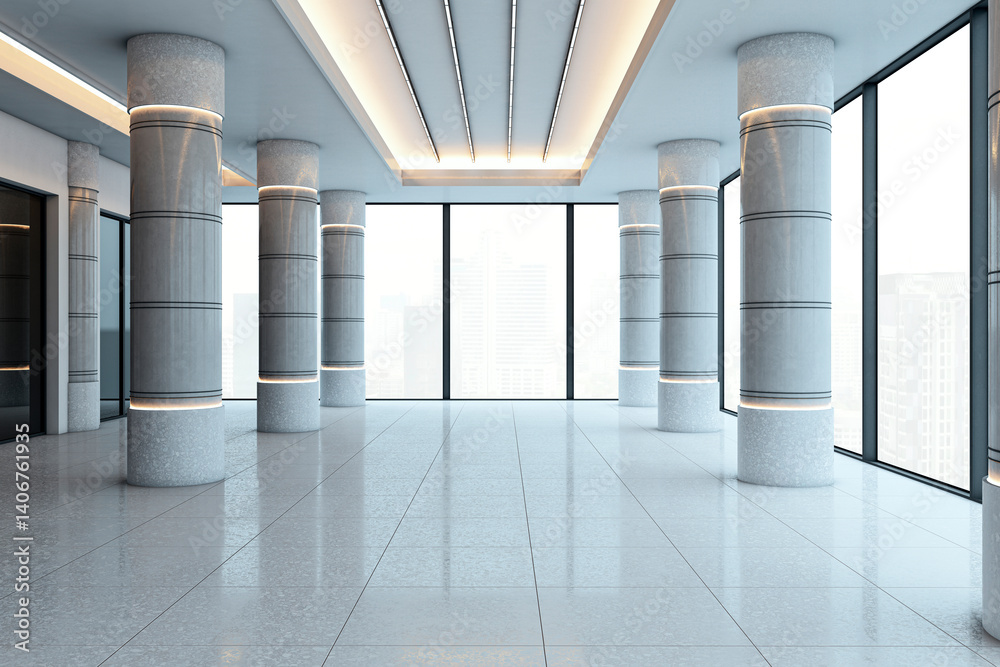 Poster empty modern office corridor with grey columns