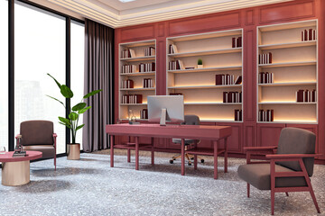 Executive office interior with luxury furniture, large window view, elegant design, and modern workspace setup featuring computer and bookshelves. 3D Rendering