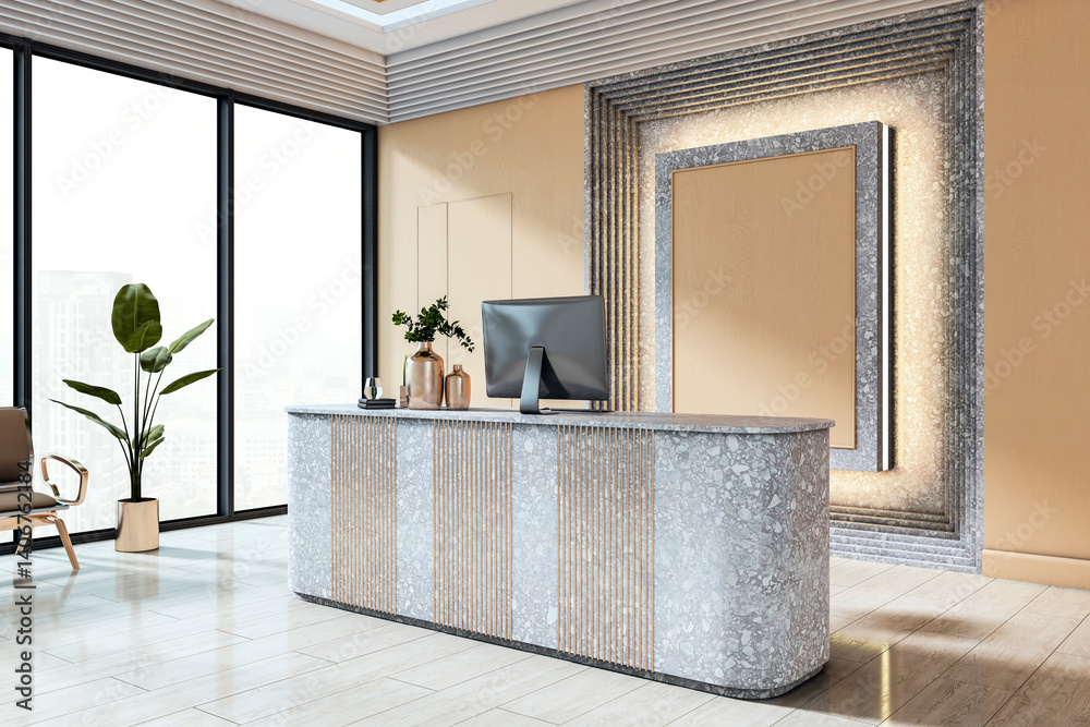 Poster Modern luxury office reception counter with terrazzo finish and blank branding wall in empty corporate lobby interior with large glass windows. 3D Rendering