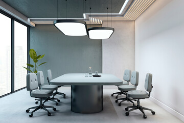 Modern executive boardroom with minimalist design, grey chairs and desk, large windows showing city view, and stylish ceiling lighting. 3D Rendering