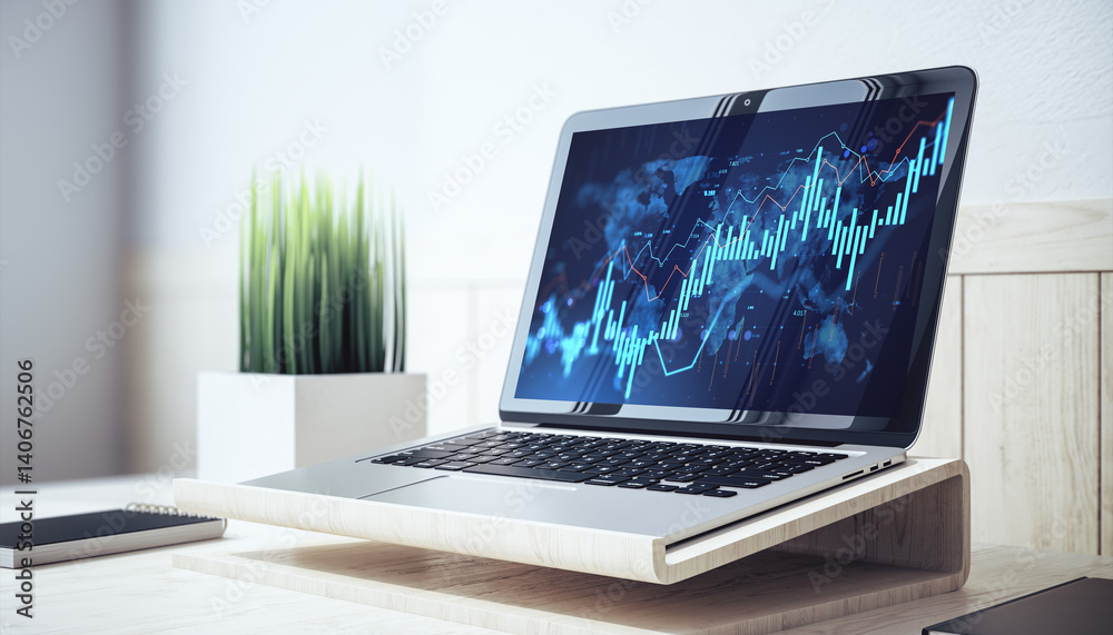 Poster Digital financial graph on laptop screen in modern workspace with light background and minimal decor for business and technology concept. 3D Rendering