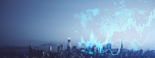 Business city skyline with digital financial hologram and data chart overlay in double exposure style on abstract blue background at dusk.
