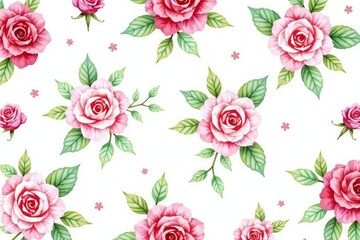 Delicate watercolor roses & leaves, repeat pattern, illustration, soft