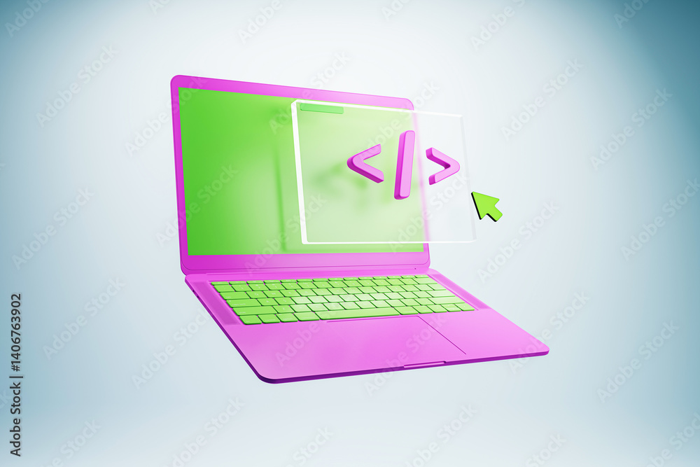 Fototapete Colorful laptop with floating code window and cursor on light gradient background representing modern technology and creative coding concept. 3D Rendering