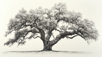 Detailed pencil drawing of a large, sprawling oak tree against a plain background.  Possible use Nature art print or study