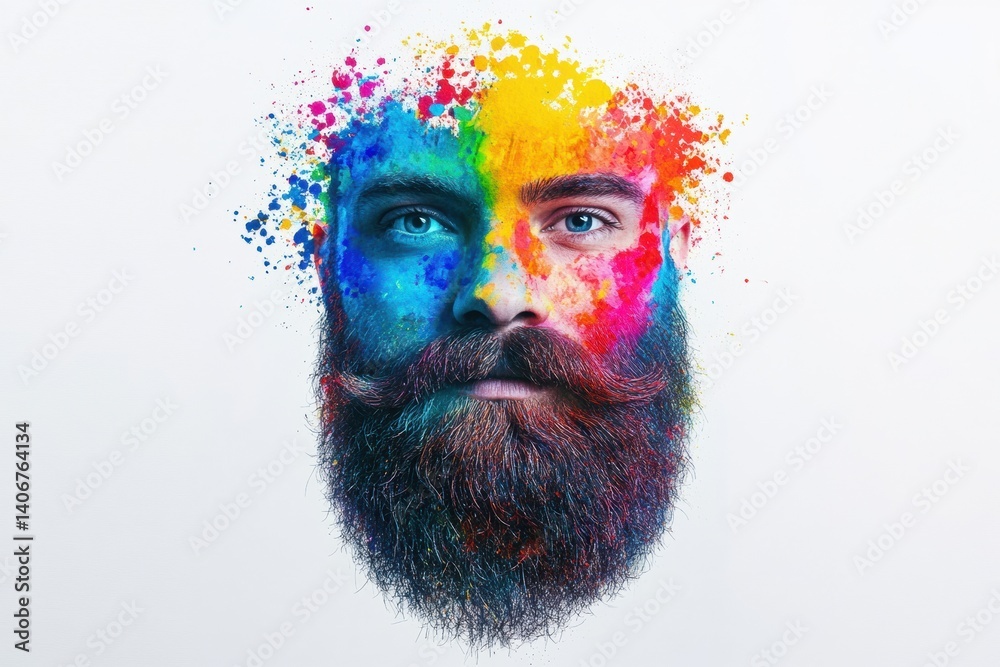 Poster Creative beard shape design featuring colorful paint splashes on a white background with an artistic graffiti style