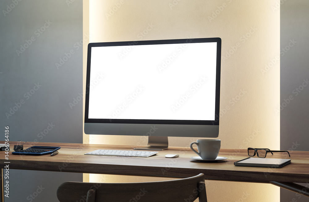 Poster blank computer monitor on wooden desk in modern office interior with cup, notebook, and keyboard for