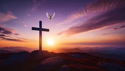 Paisaje de semana santa con el sol del atardecer donde una paloma de la paz sobrevuela la cruz donde jesucristo fue crucificado, en el horizonte un cielo con luz ambiente morada y nubes  