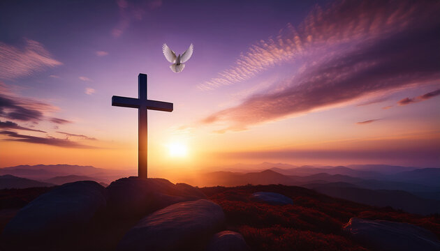 Paisaje de semana santa con el sol del atardecer donde una paloma de la paz sobrevuela la cruz donde jesucristo fue crucificado, en el horizonte un cielo con luz ambiente morada y nubes  