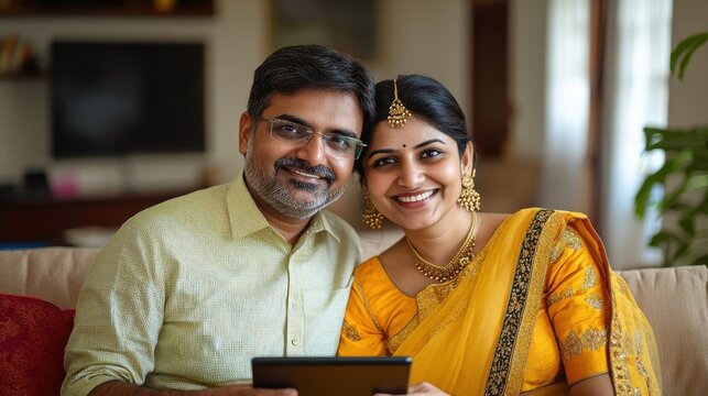 Happy indian family couple using digital tablet computer at home. Smiling young husband and wife watching tv, video calling or doing online ecommerce shopping together sitting on couch in living room