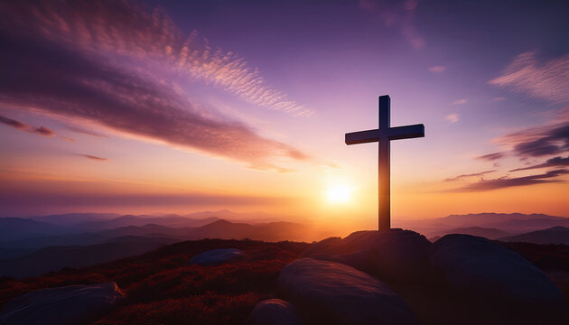Paisaje de semana santa con el sol del atardecer con la cruz donde jesucristo fue crucificado, en el horizonte un cielo con luz ambiente morada y nubes   - Powered by Adobe