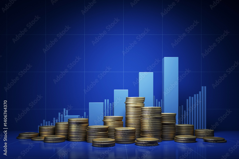 Poster a blue background with a pile of coins and a graph.