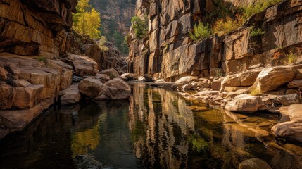 A serene canyon features smooth rocks and a calm reflective pool surrounded by colorful autumn foliage under clear blue skies. Nature's tranquility is evident in this setting