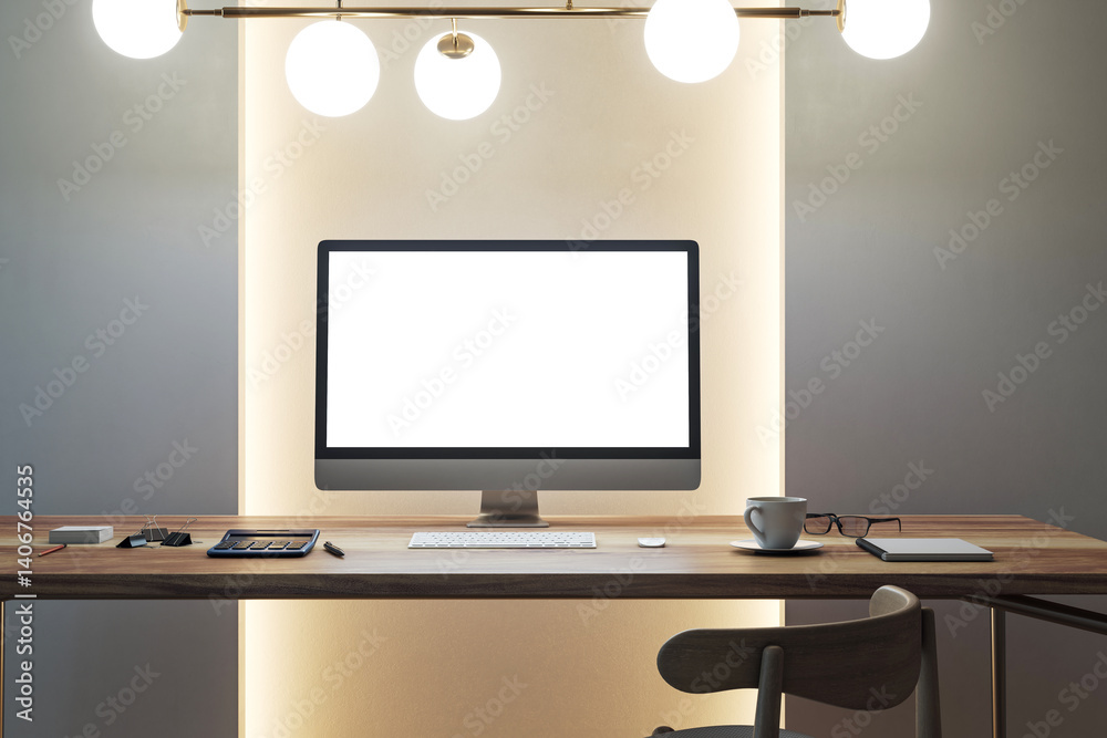 Poster Modern workspace with blank computer screen on wooden desk in stylish office interior with soft lighting and minimalist design elements. 3D Rendering