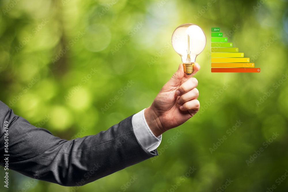 Poster businessman hand holding glowing lightbulb with energy efficiency rating chart on green bokeh backgr