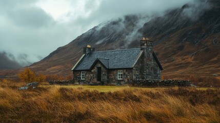 A quaint stone cottage stands alone amidst the rugged terrain of the Scottish Highlands. Clouds loom overhead as autumn colors glow in the landscape, creating a peaceful yet dramatic setting