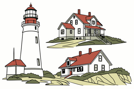 Lighthouses of Cape Cod &ndash; illustrated vector pack &ndash; Massachusetts, USA
