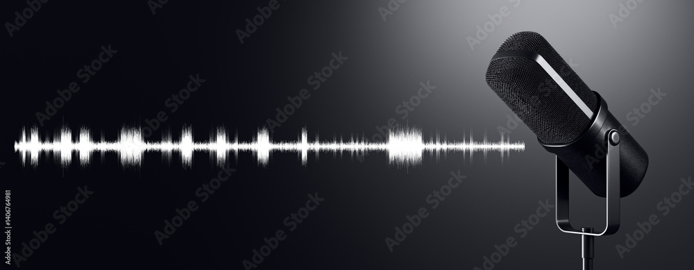 Poster Modern podcast microphone with audio waveform on dark gradient background symbolizing digital sound technology and broadcasting concept. 3D Rendering