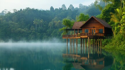 Obraz premium A wooden house on stilts stands by a tranquil lake, shrouded in morning mist. Lush green trees frame the scene, creating a calm and picturesque atmosphere