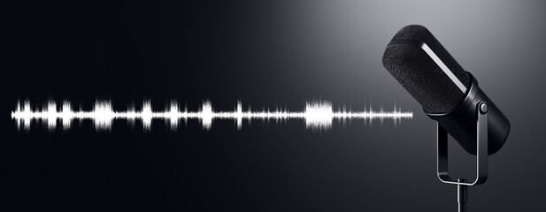 Modern podcast microphone with audio waveform on dark gradient background symbolizing digital sound technology and broadcasting concept. 3D Rendering