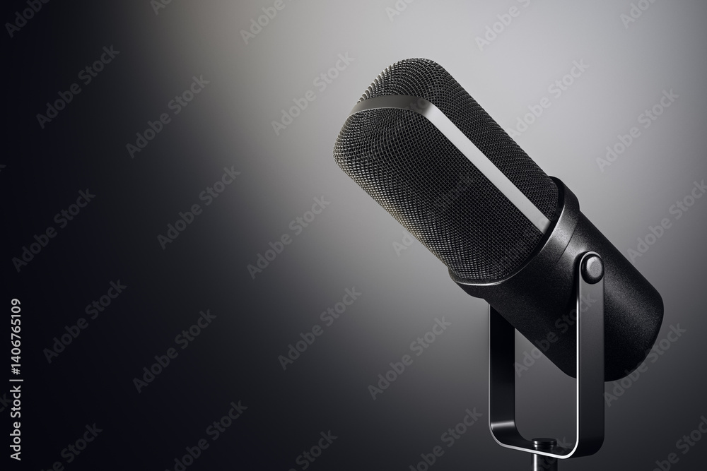 Poster Close-up of modern black microphone with mesh texture and stand on gradient light background for business audio technology concept. 3D Rendering