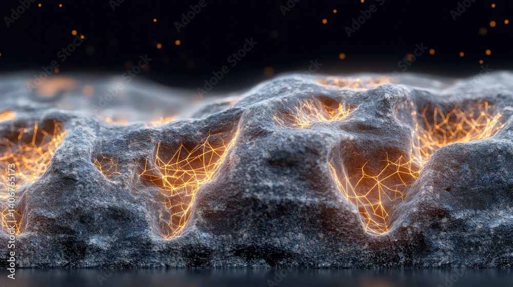 Poster dynamic energy flow in abstract terrain virtual environment 3d render sci-fi concept close-up view