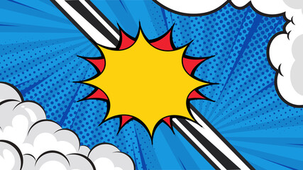 blue comic background with yellow comment box. Blue Comic Background with Yellow Speech Bubble for Text. Retro Pop Art Comic Background with Yellow Comment Box. Cartoon Comic Book Style Blue white.
