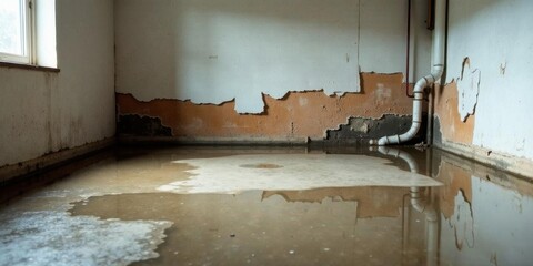 Flooded Room with Damaged Walls and Exposed Pipes Requiring Urgent Repair