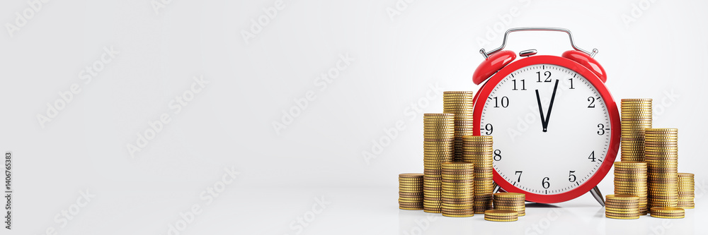 Poster red alarm clock with gold coin stacks on light background symbolizing time is money concept in busin