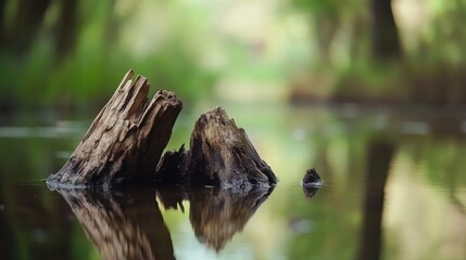 Obraz premium Two wooden stumps rise above still water, perfectly reflecting the lush greenery around them. The tranquil environment captures the essence of nature's beauty on a sunny day