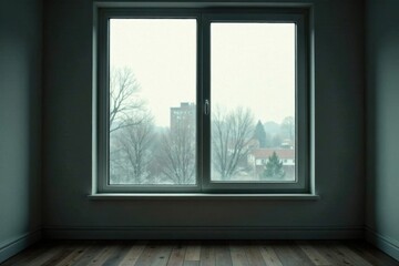 A wintery view from a large window in a minimalist room with hardwood floors