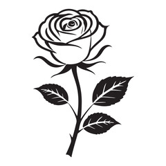 Black and white silhouette, single  rose with leaves vector illustration, and white background 