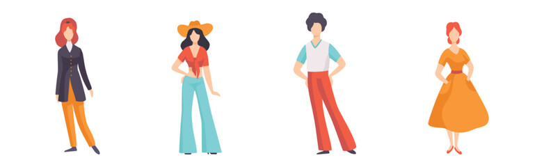 Young Man and Woman Wearing Vintage Retro Clothing Vector Set