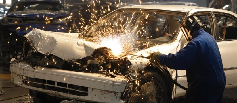 Demolition Derby: Wrecked Car Being Cut Up by a Worker