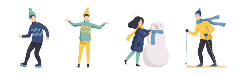 People Character in Winter Walking Outdoor Vector Set