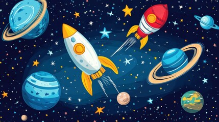 Colorful space-themed sticker pack featuring rockets, planets, UFOs, and constellations over a deep blue galaxy background