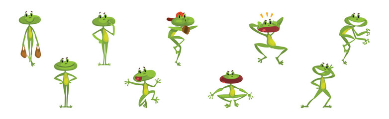 Cute Green Frog Croaking and Leaping Animal Vector Set