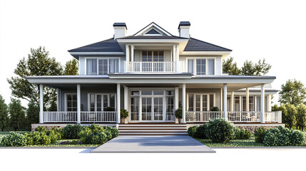 Fototapeta premium Elegant American house with wraparound porch and lush greenery
