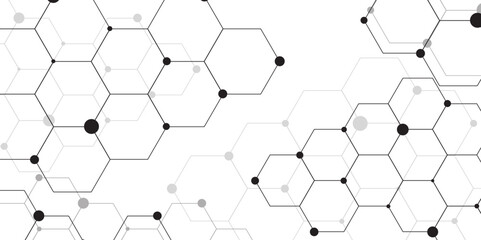 Geometric white and gray banner design with hexagons. Molecular grey structure abstract tech background. Molecule DNA. Abstract background vector illustration. Abstract hexagon or digital technology. 