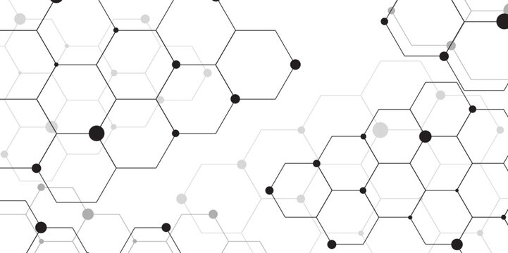 Geometric white and gray banner design with hexagons. Molecular grey structure abstract tech background. Molecule DNA. Abstract background vector illustration. Abstract hexagon or digital technology. 