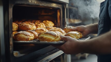 Baker pulling fresh bread out of the oven in a bakery. Featuring baking skills