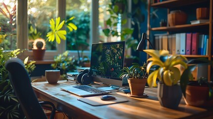 Home workspace with laptop, computer mouse at telework due to quarantine of coronovirus pandemic COVID-2019. Remote work at home table.Online communication on headset, conference with boss,colleagues