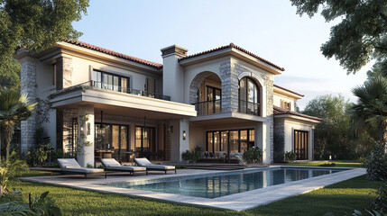 Elegant resort style house with pool and lush garden