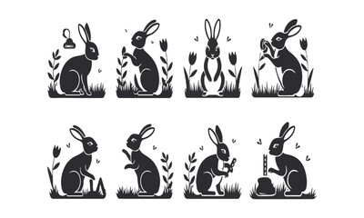  Modern vector-style illustrations of rabbits in various sitting and grooming poses, easily editable.