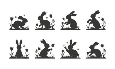  Modern vector-style illustrations of rabbits in various sitting and grooming poses, easily editable.