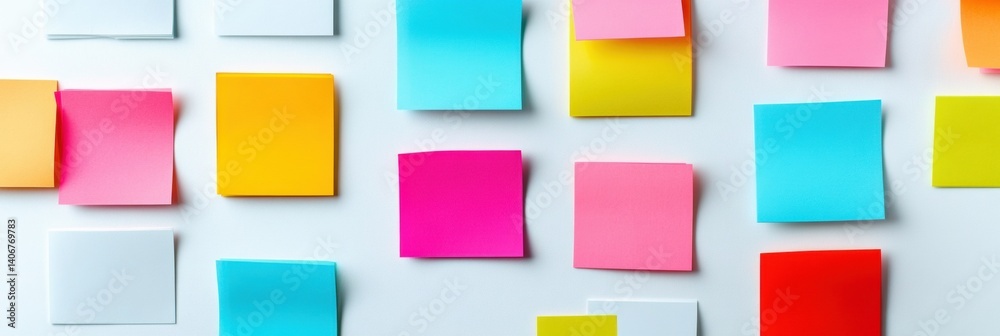 Leinwandbilder Brightly colored sticky notes arranged on a clean white desk for organizing thoughts and tasks in an office setting