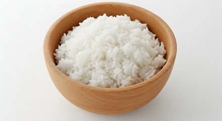 White rice in wooden bowl on white background White