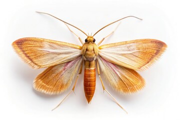 Studio-shot macro photography captures a rice moth, a tiny insect amidst grains, highlighting the pest's detail against white.