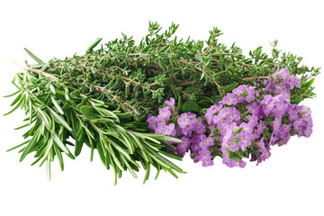 Fresh herbs and vibrant flowers arranged together in a natural display at a garden setting