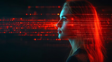 Digital Horizon: A woman's profile is silhouetted against a digital interface of vibrant lines and lights. A captivating fusion of technology and human element.